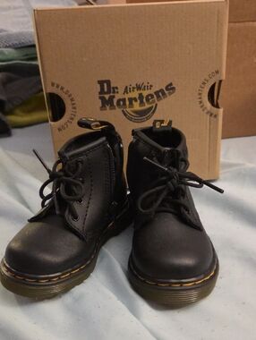 Dr. Martens Black Leather Toddler Lace-Up Boots with Yellow Stitching